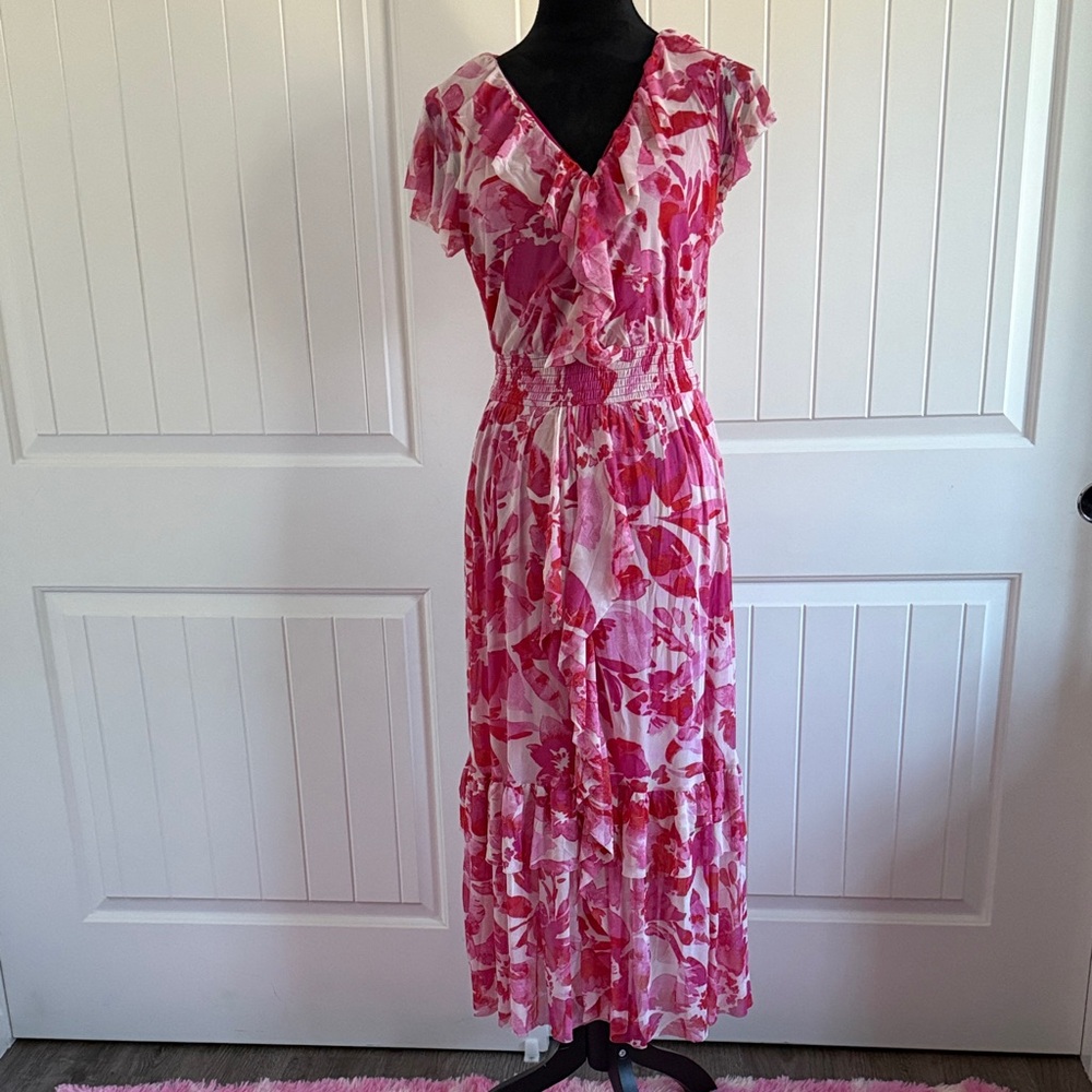 Kathy Ireland Vibrant Pink Floral Midi Dress - Picture 1 of 10